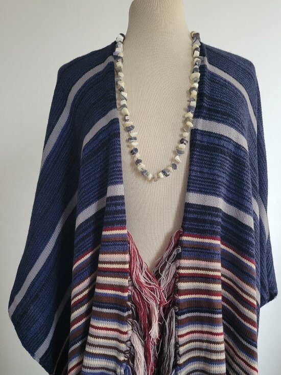 Modena Sweaters - Modena Blue & Red Striped Knit Shawl Poncho | One Size | NWOT